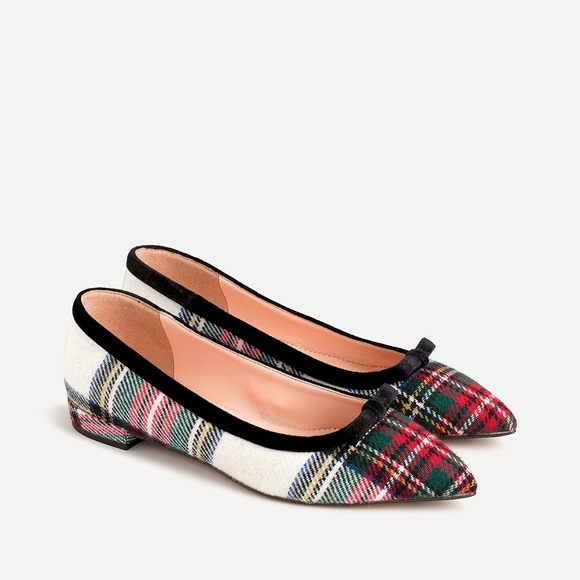 New J.Crew Pointed-Toe Bow Flats in Snowy Stewart
